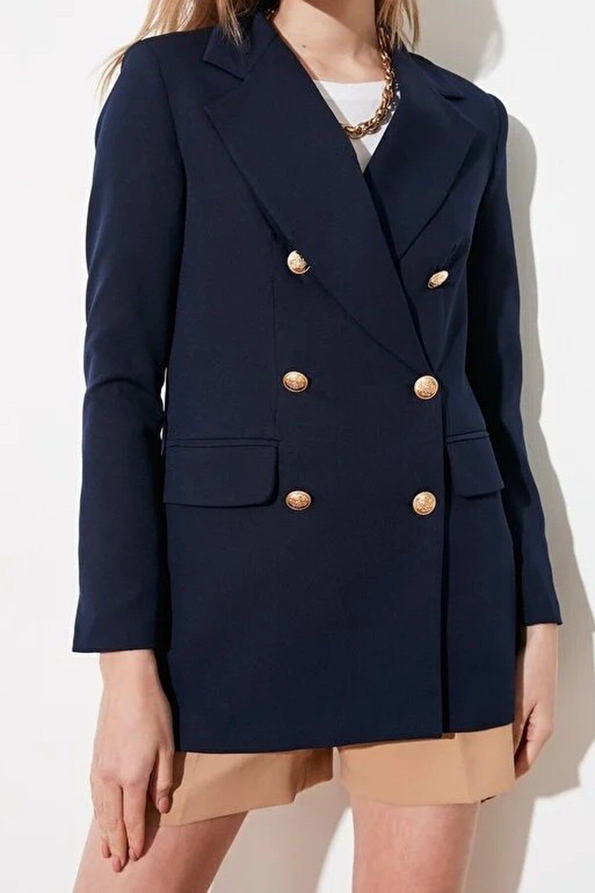 Wovcor Double Breasted Tailored Long Sleeve Blazer Jacket In Navy