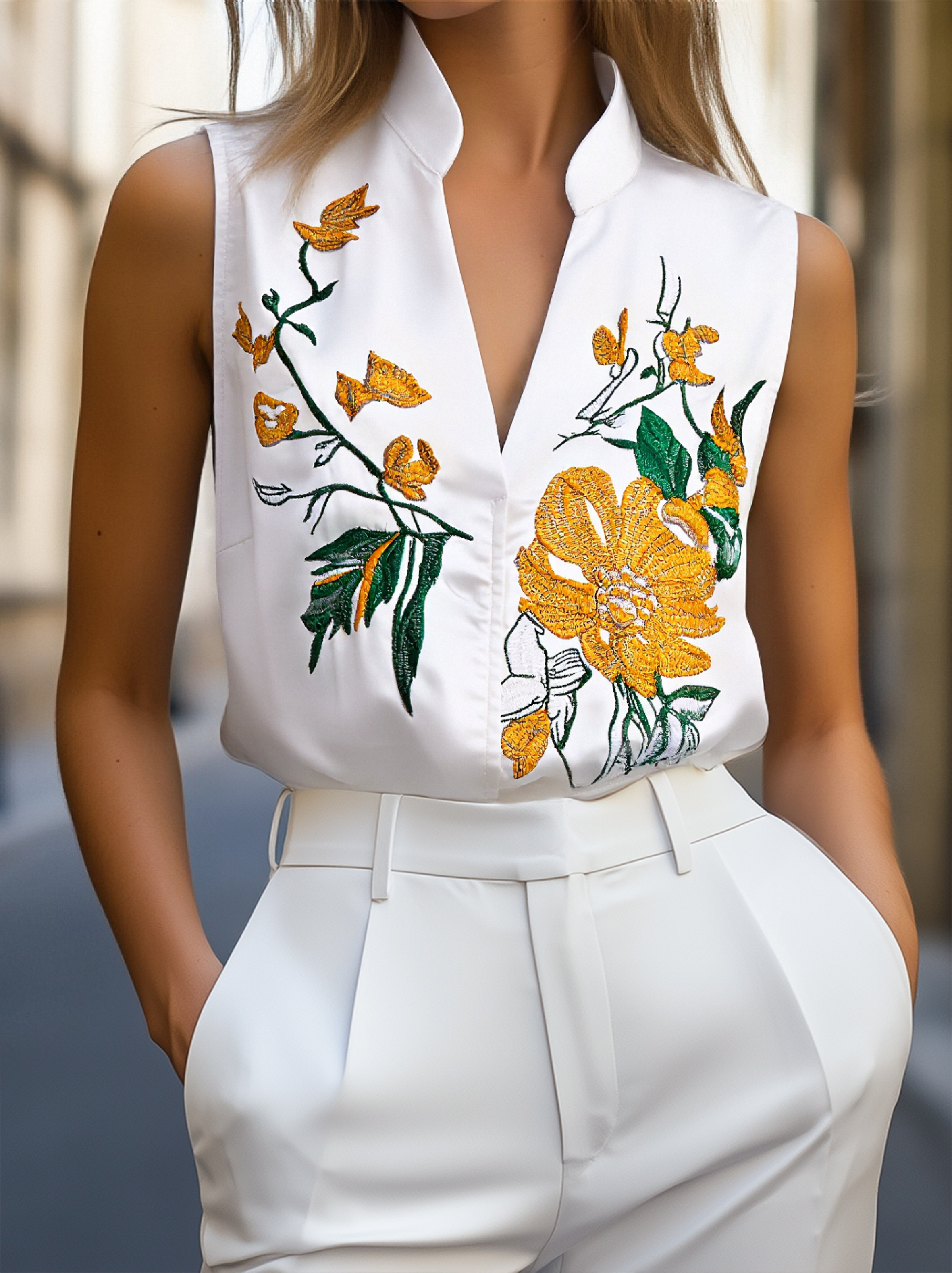 Sleeveless Blouse with Yellow Floral Embroidery - White