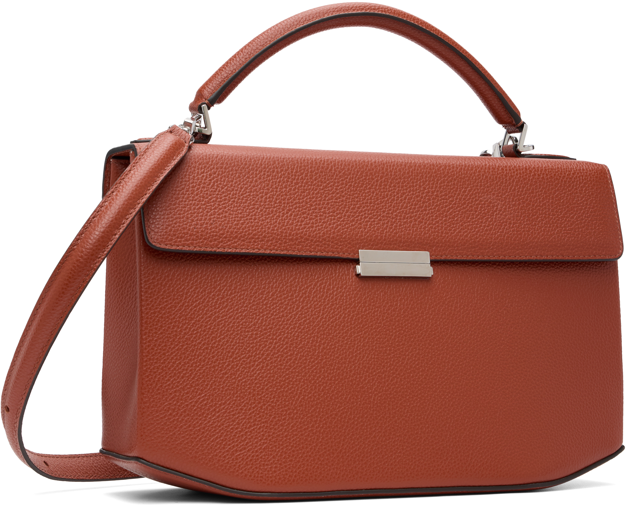 Brown Clip Grained-Leather Top Handle Bag