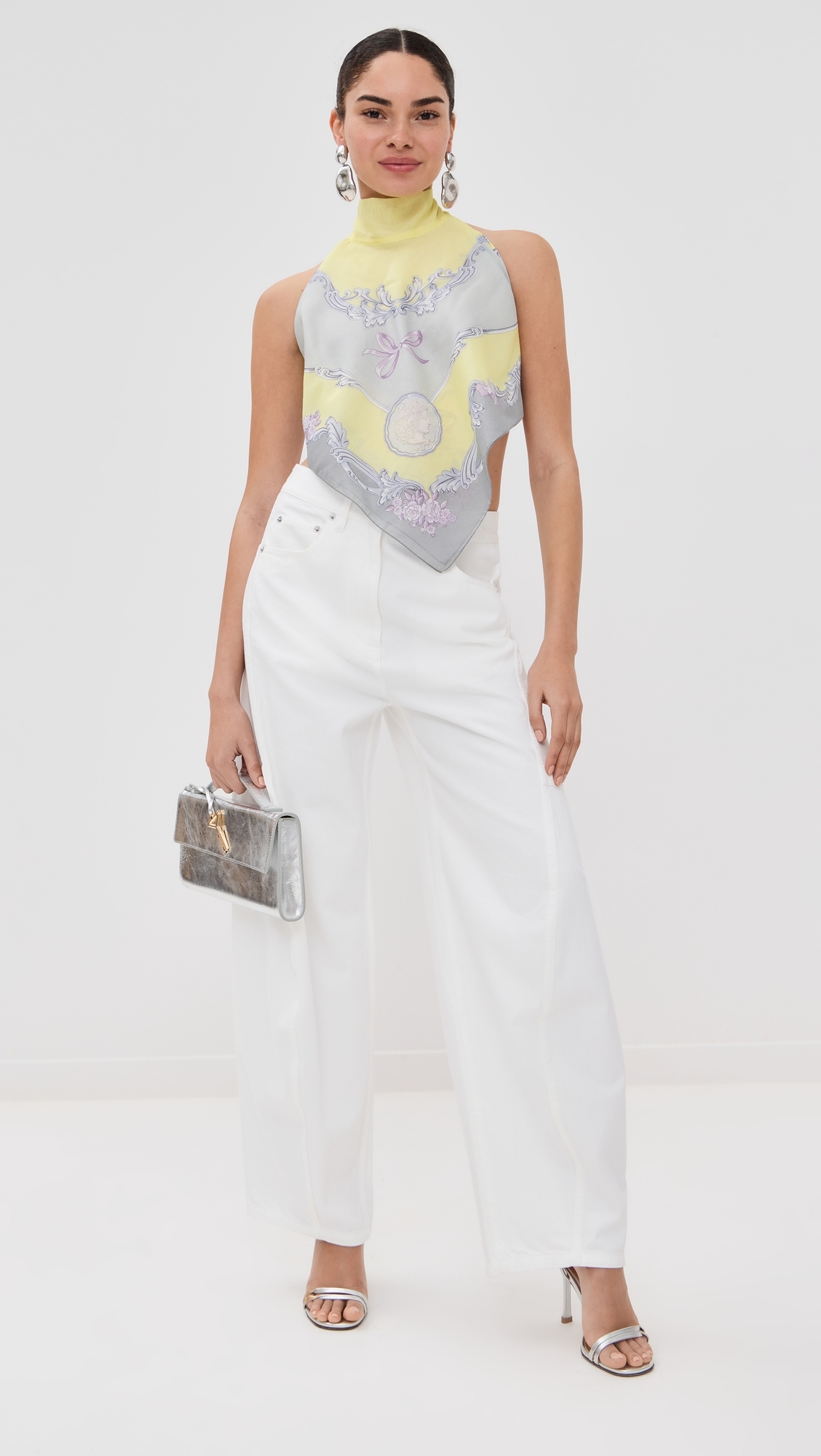 Versace Beachwear Cotton Silk Voile Medusa Cameo Print Top Pale Yellow/Light Grey XL
