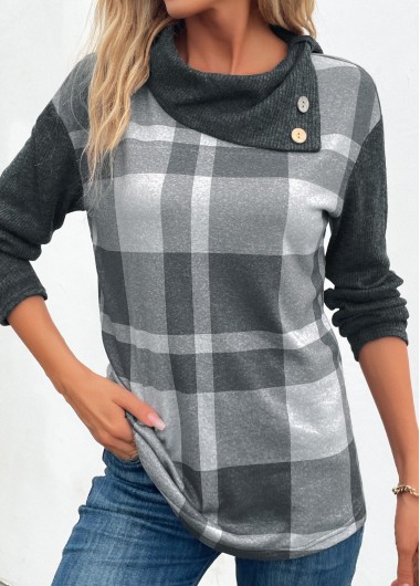 Modlily Dark Grey Marl Patchwork Plaid Long Sleeve Sweatshirt