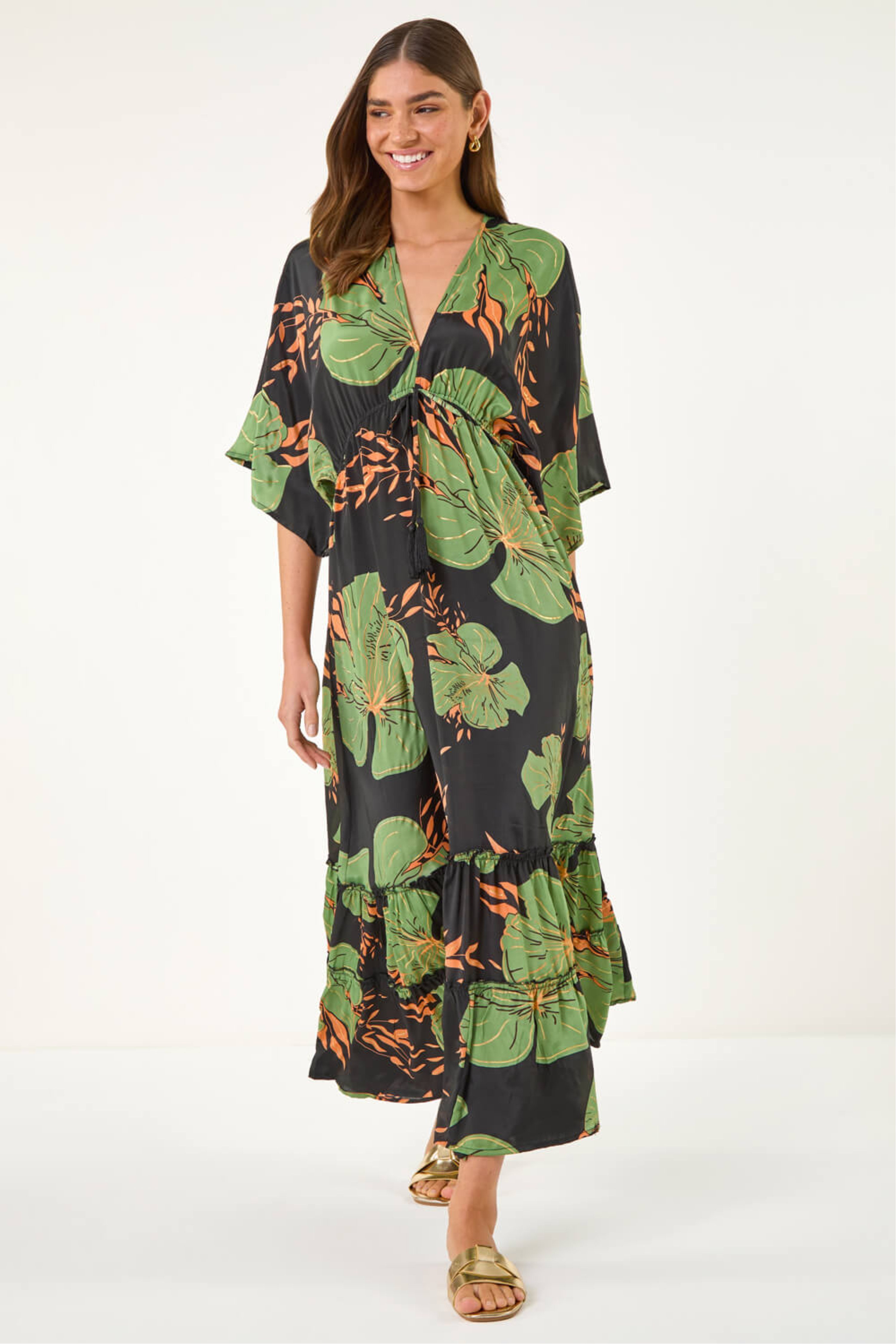 Roman Womens Boho Leaf Maxi Dress - Green