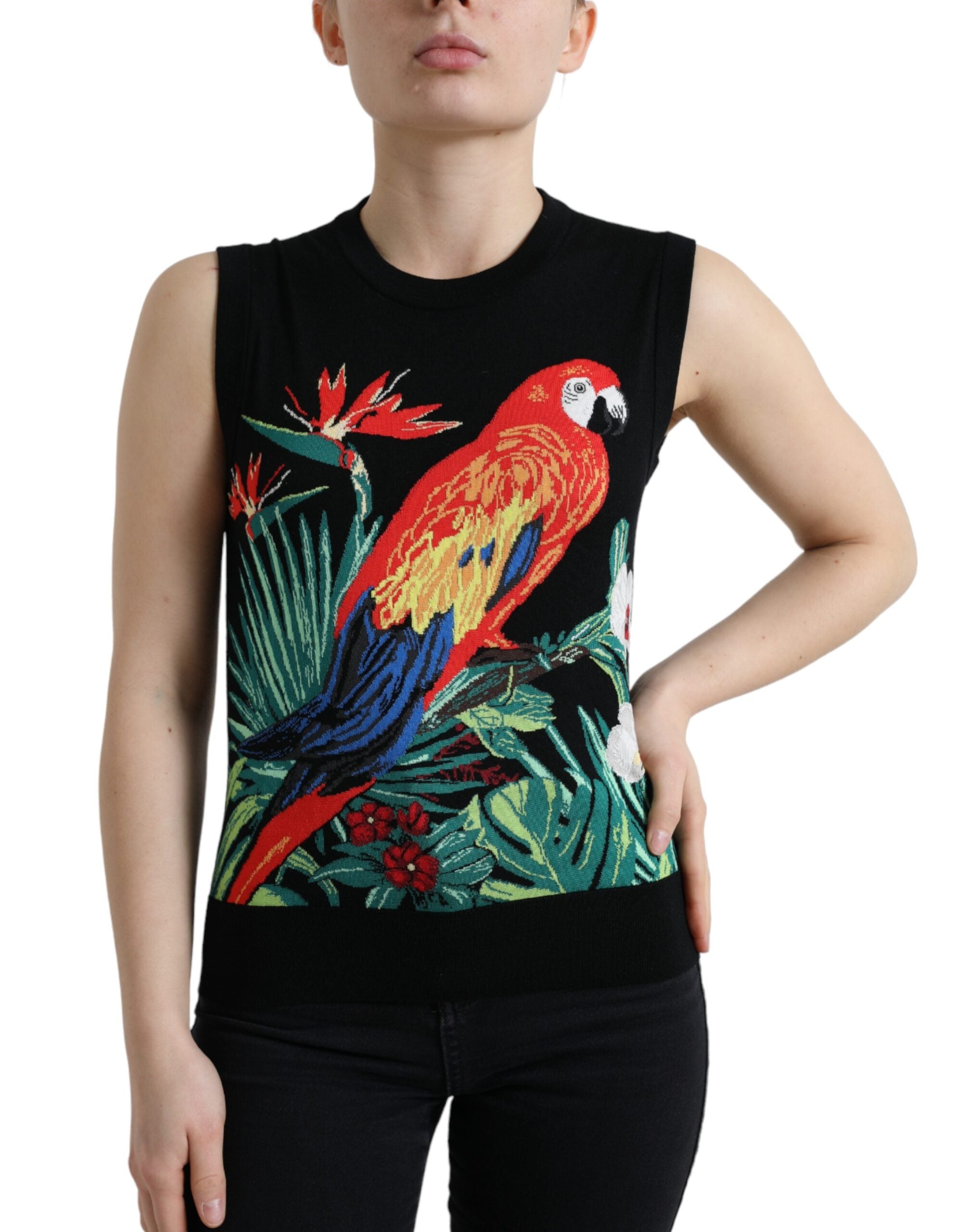 Bird-Embroidered Wool Tank Top — Black