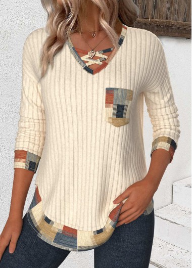 Modlily Beige Patchwork Geometric Print Long Sleeve T Shirt