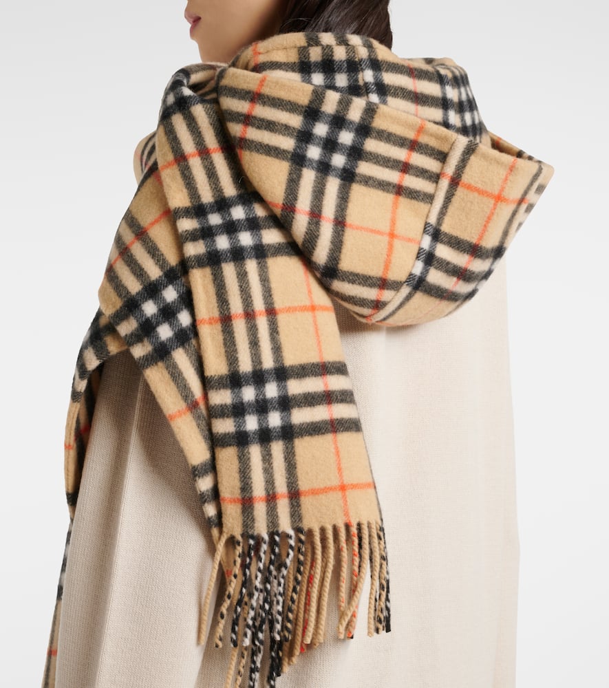 Check cashmere hooded scarf