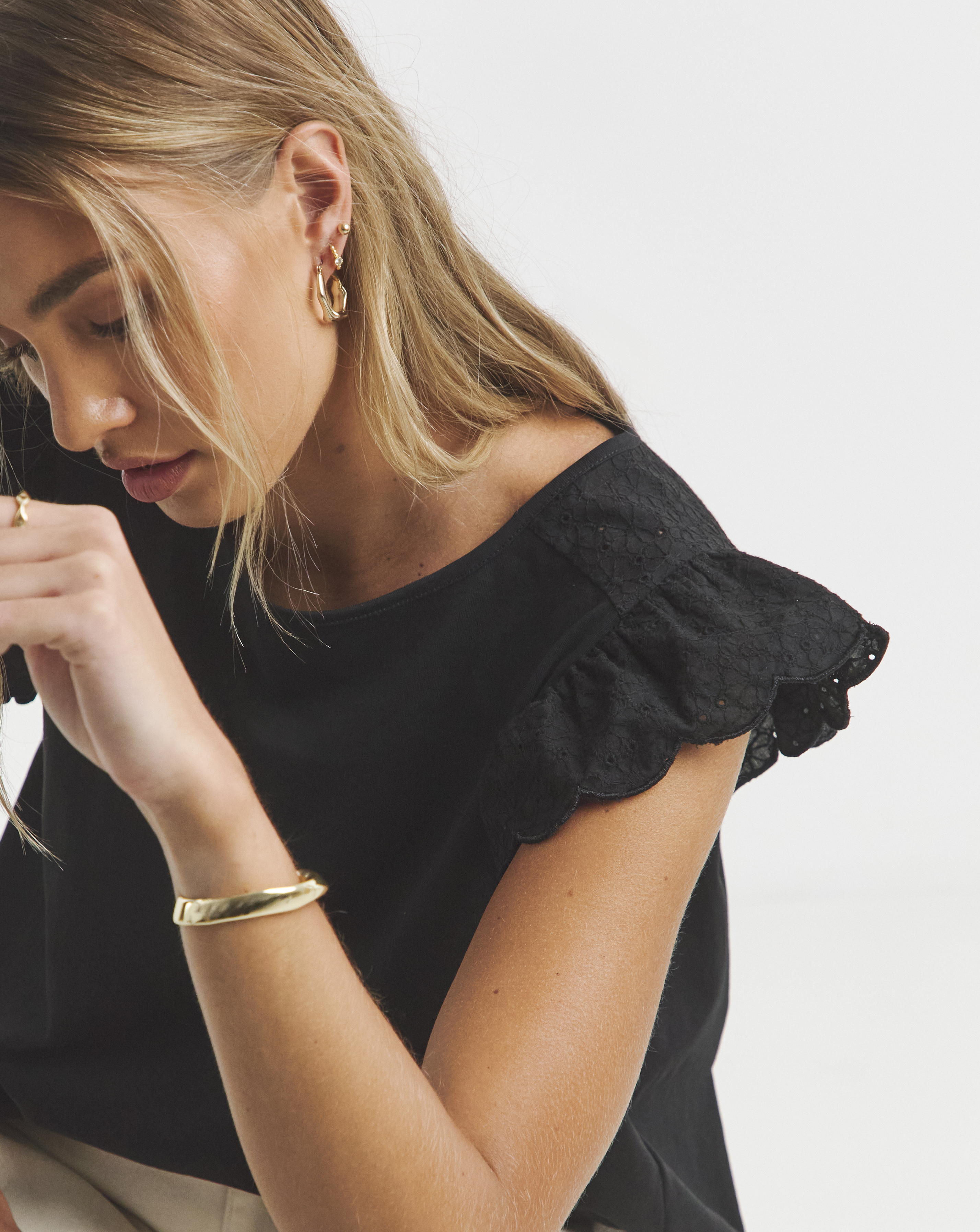 Broderie Frill Sleeve Top with Tie