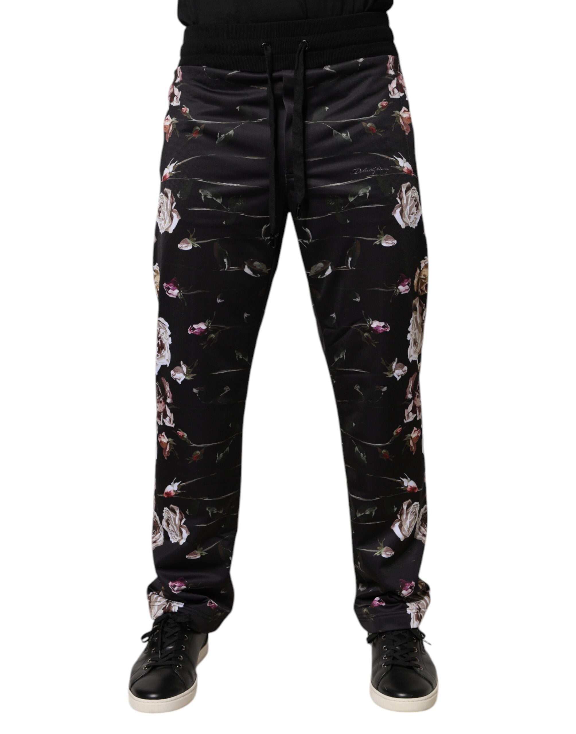 Floral Polyester Joggers — Black