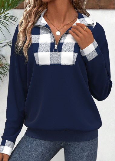 Modlily Black Patchwork Plaid Long Sleeve Turn Down Collar Sweatshirt