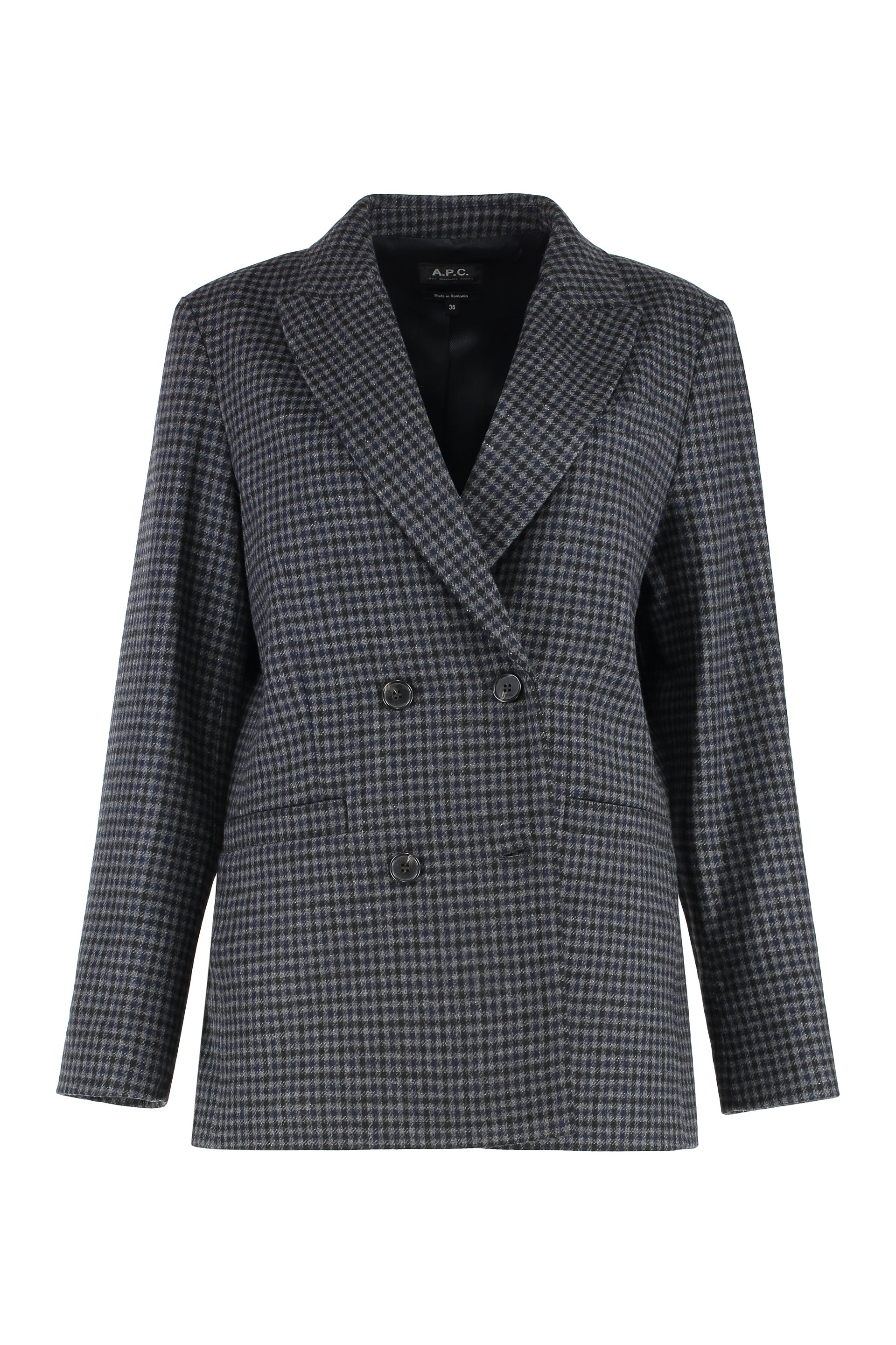Double-Breasted Houndstooth Wool Blazer — Gray