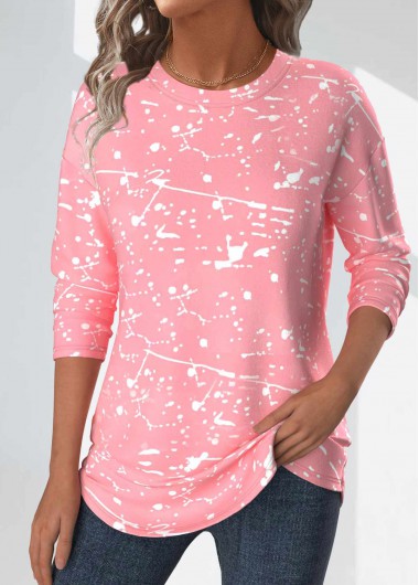 Modlily Light Pink Geometric Print Long Sleeve T Shirt