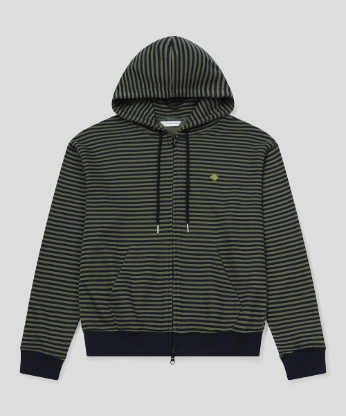 Striped Knit Hooded Zip-Up_Khaki