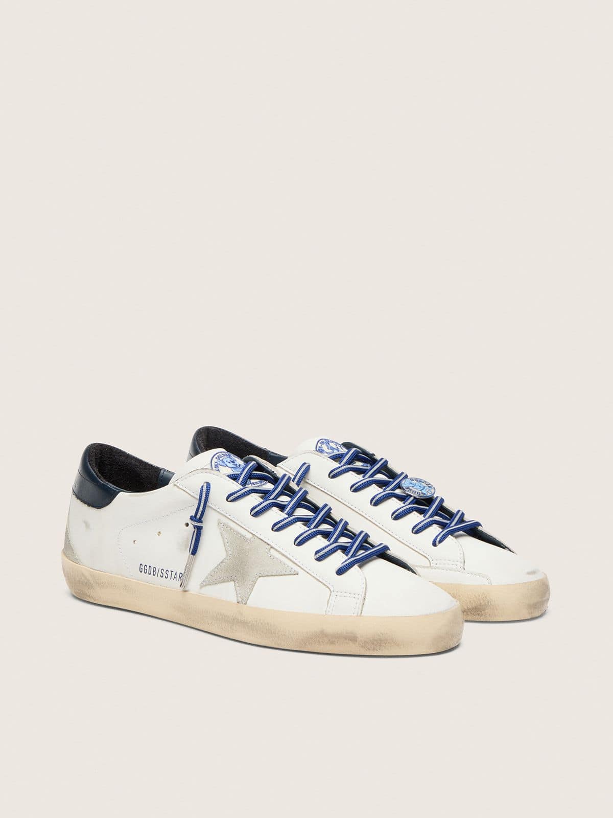 Golden Goose - Men's Super-star Ltd In White Leather With Suede Star And Blue Leather Heel Tab, Man