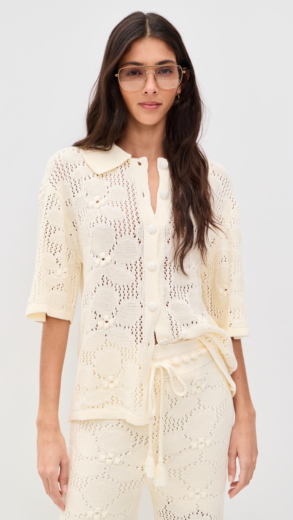 Floral Crochet Short Sleeve Shirt Beige Shell