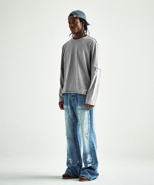 DESTROYED BOOTS CUT DENIM PANTS LIGHT BLUE