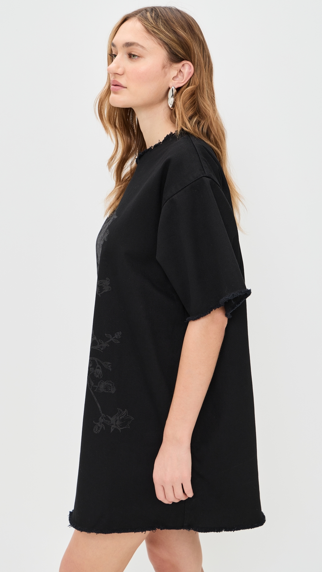 Flower Motif Drill T-Shirt Dress Black