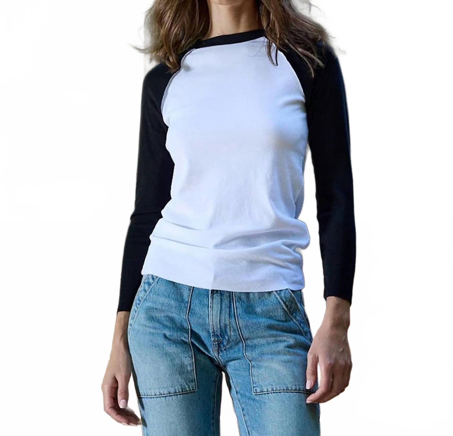 Aria Fitted Baby Rib Raglan Tee In White/black
