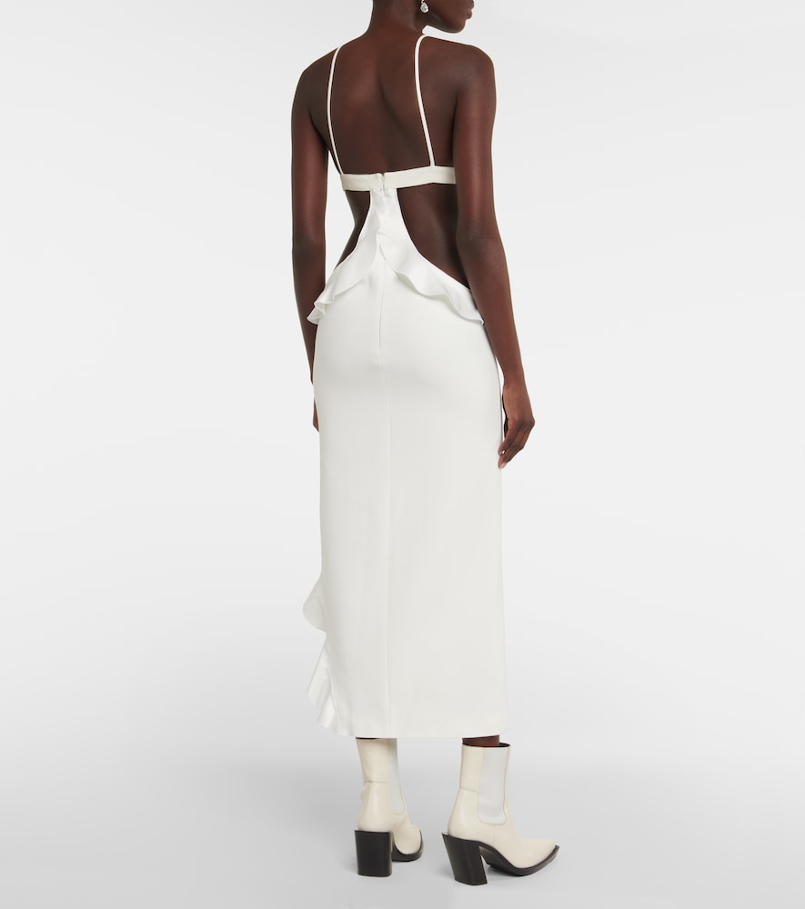 Ruffle-trimmed asymmetrical cutout midi dress