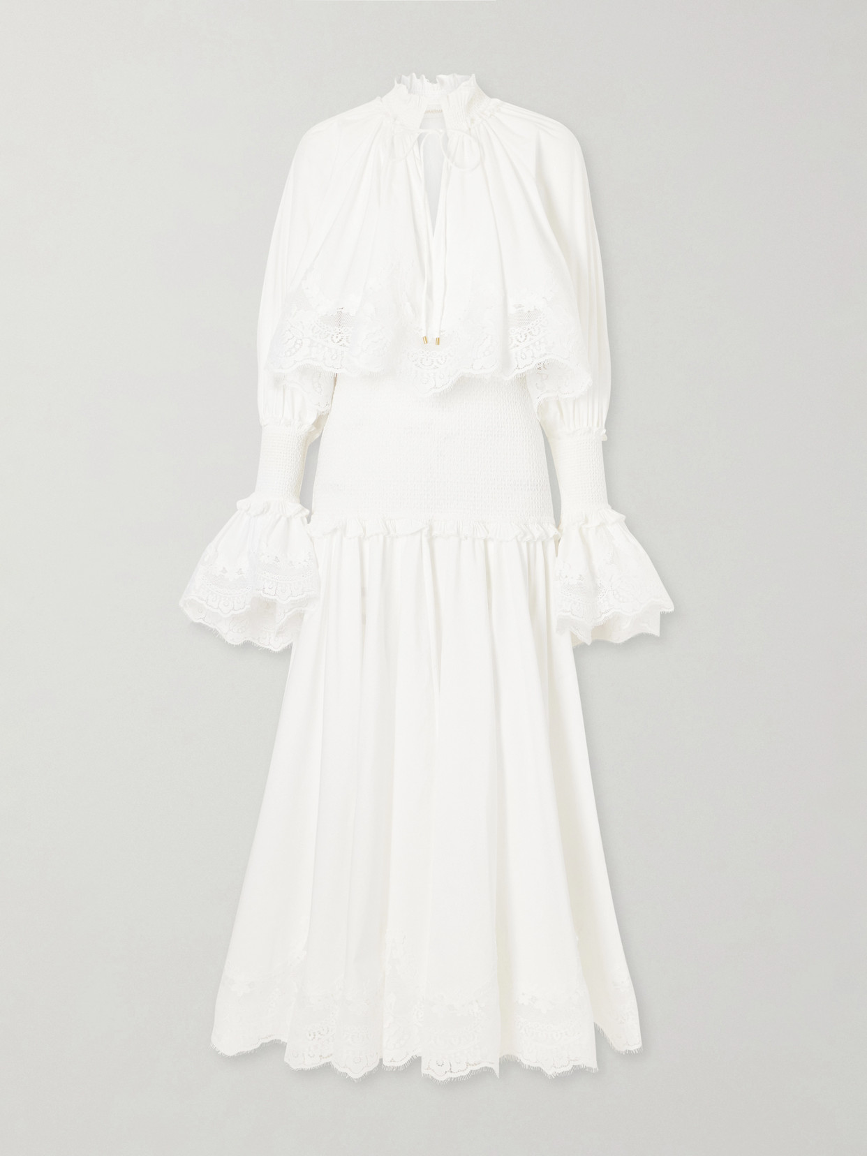 Alchemy Ruffled Shirred Lace-trimmed Cotton-poplin Midi Dress - White
