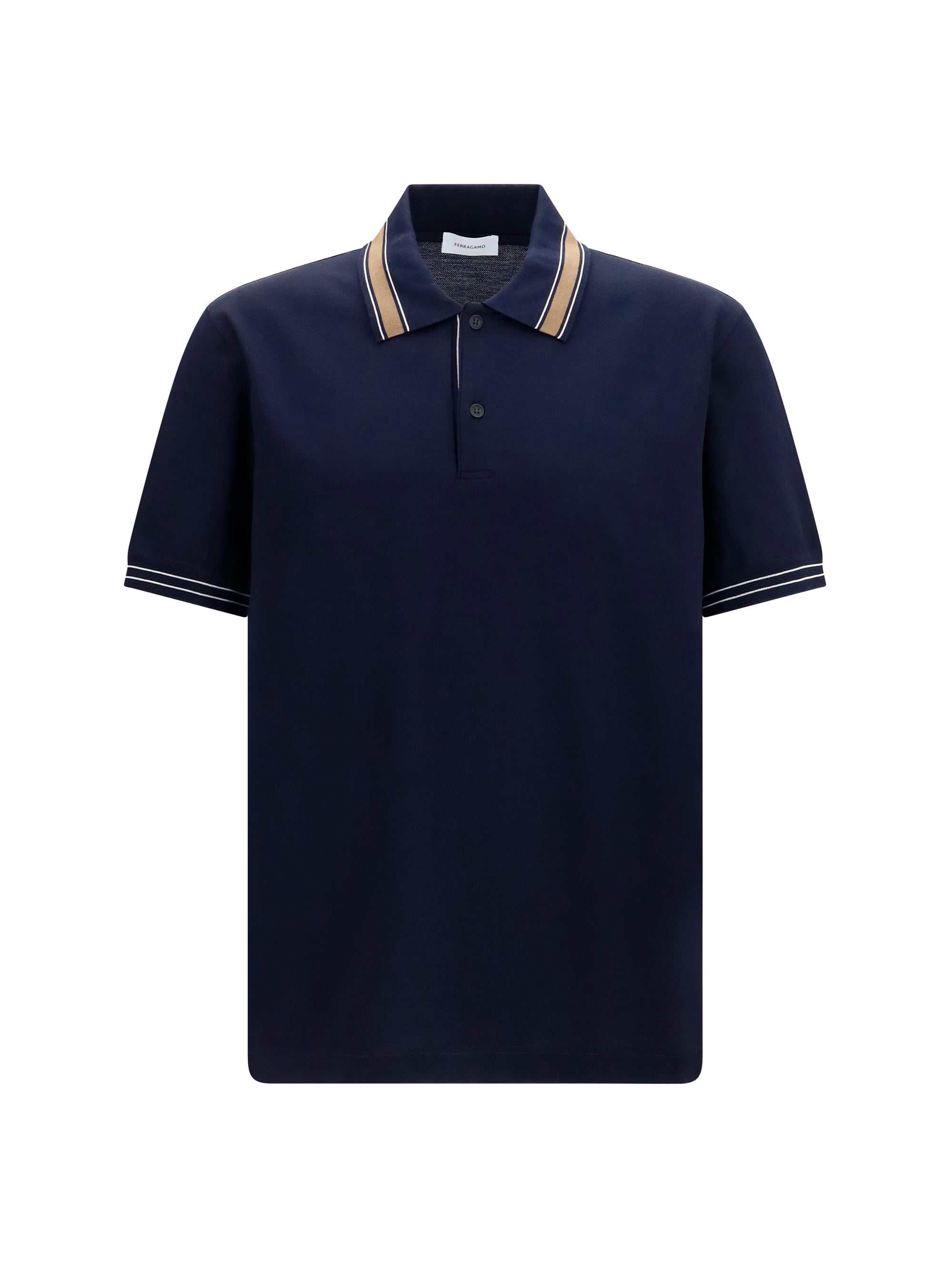Striped Ribbed Collar Polo Shirt — Navy