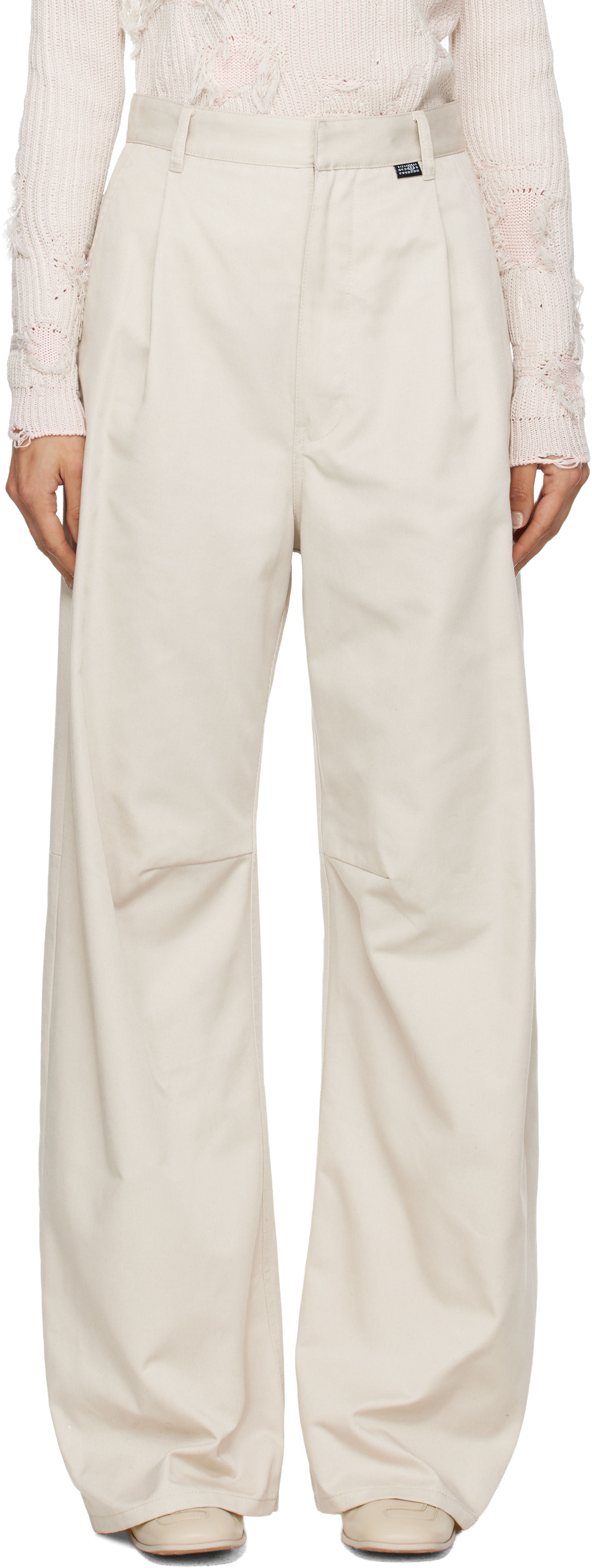 Beige Wide Leg Twill Trousers