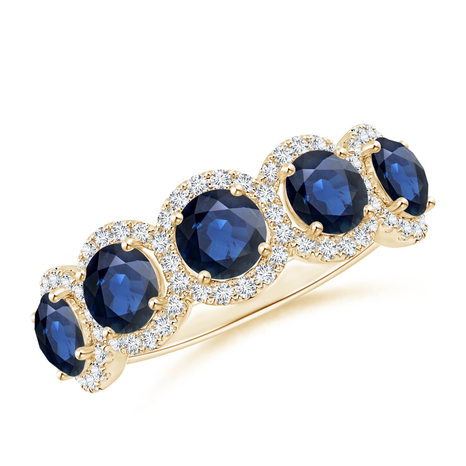Angara 2.3 Carats Half Eternity Five-Stone Sapphire Halo Ring in 14K Yellow Gold