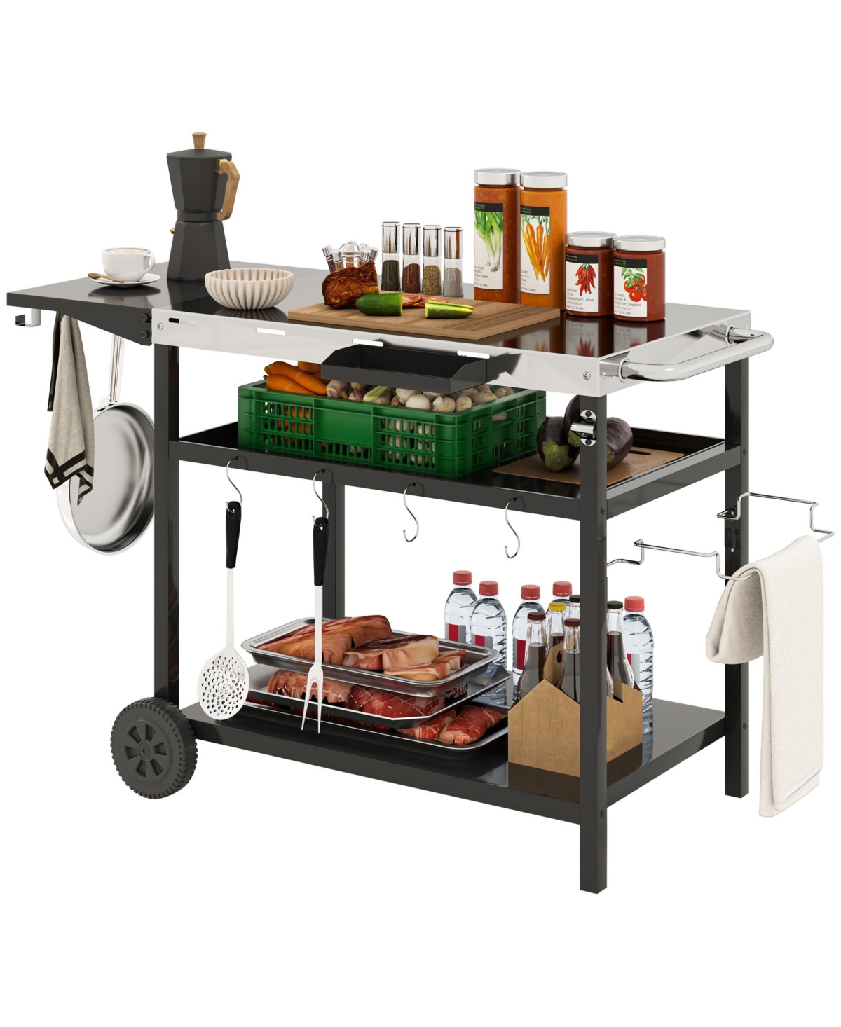 Outdoor Bar Cart Grill Table with Wheels, Prep Table with Storage - Black