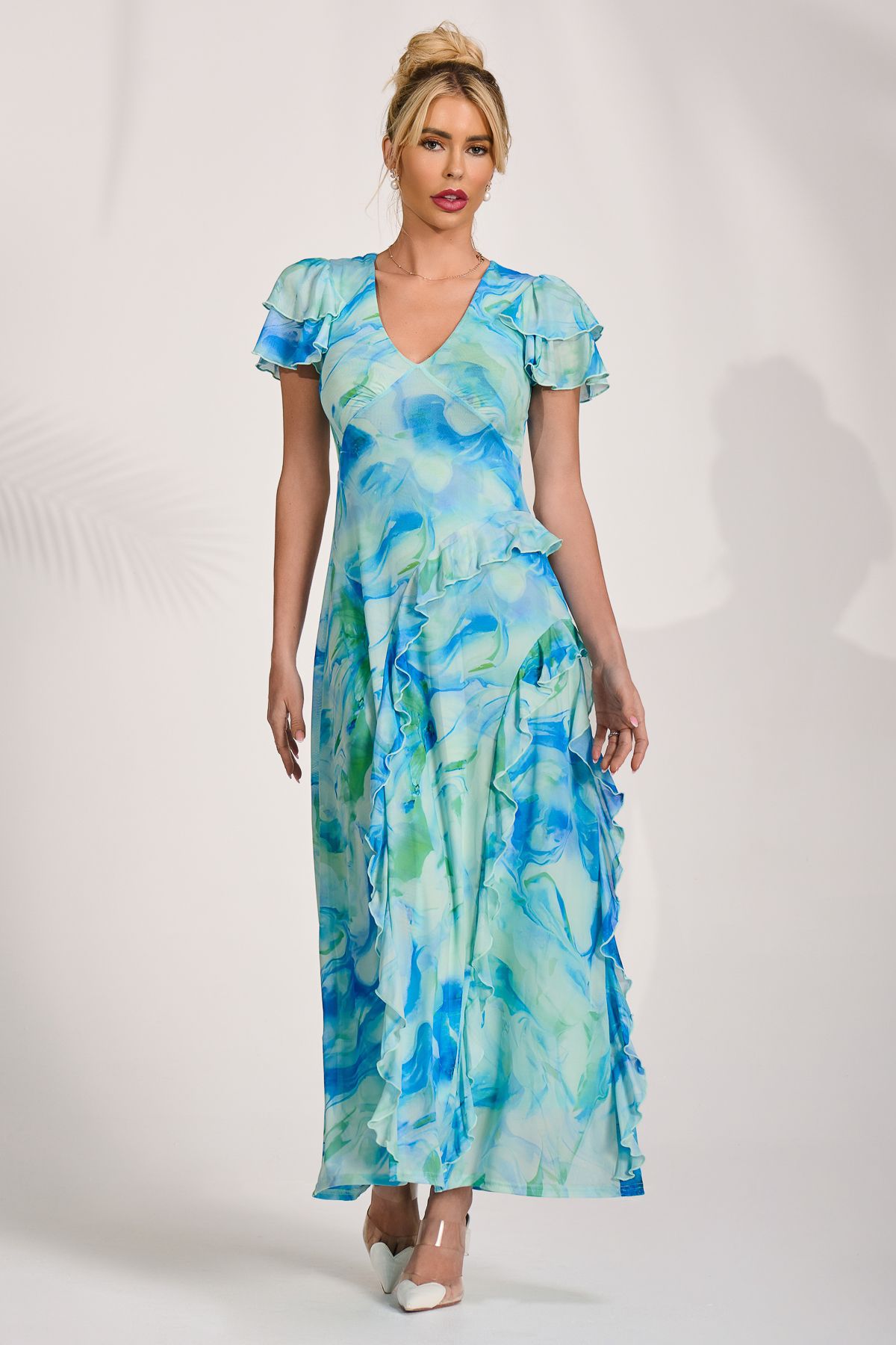 Jolie Moi Women's Cap Sleeve Ruffle Mesh Maxi Dress in Blue