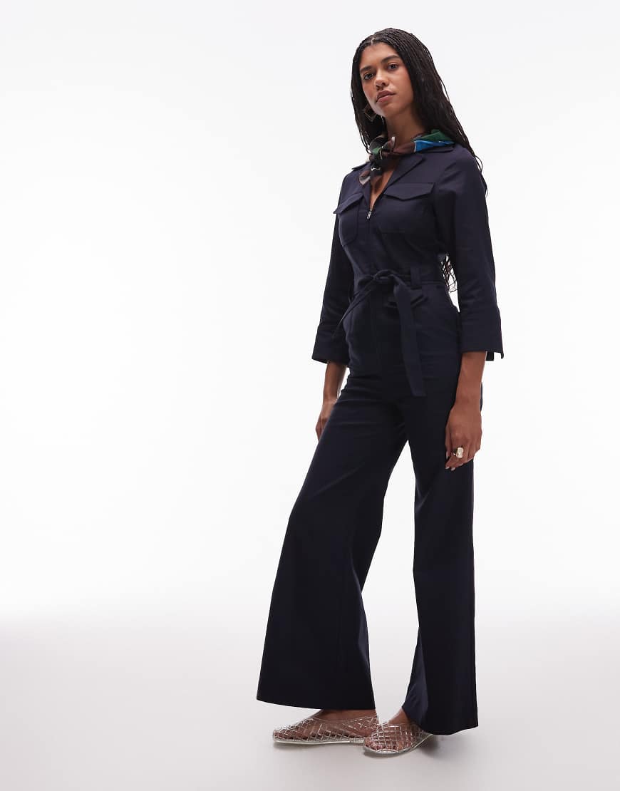 & belted jumpsuit with patch pockets in navy blue-Black