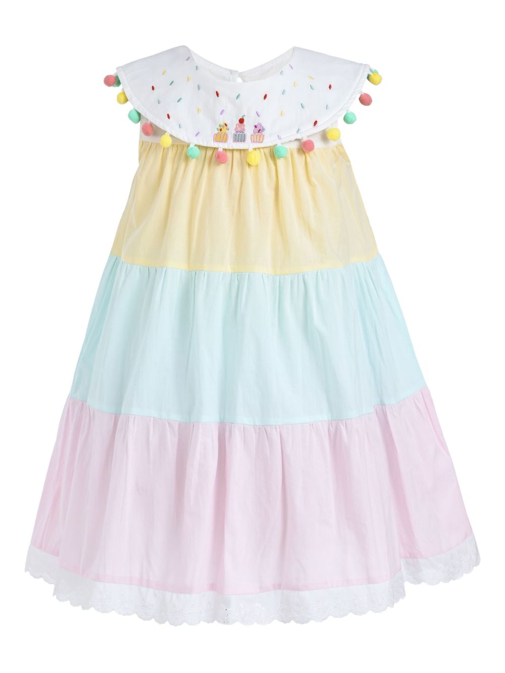 Pompom-trim tiered dress - White