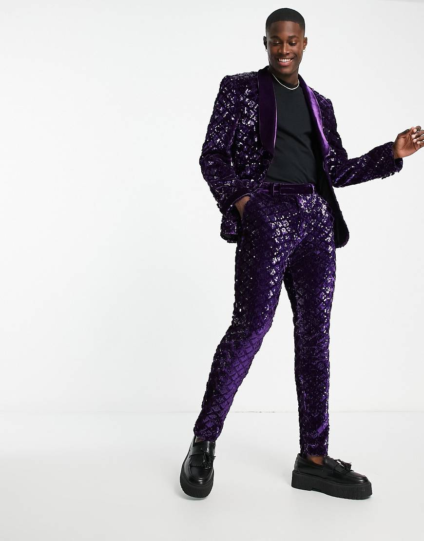 Skinny suit trousers in sequin diamond velvet in purple