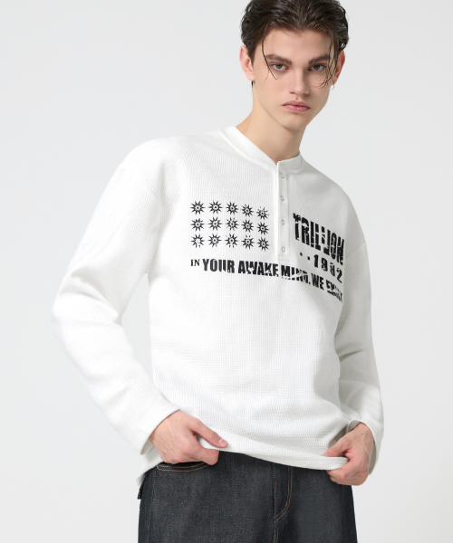 Graphic Waffle Henley Neck Long Sleeve_White