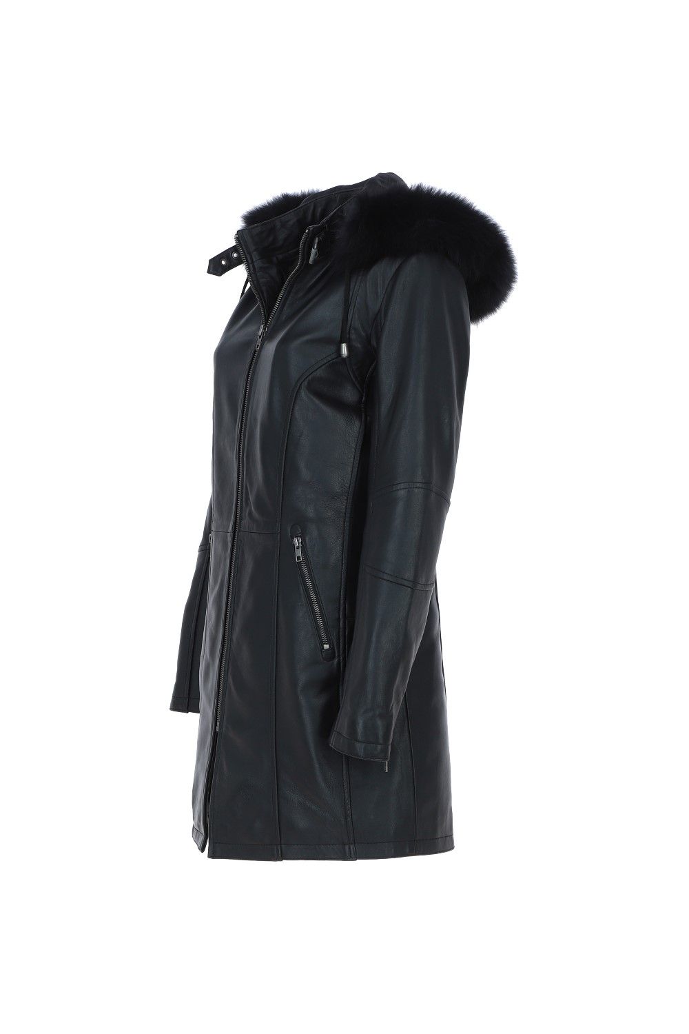 Ashwood Leather Women's Detachable Fur Hood Long Leather Jacket in Black