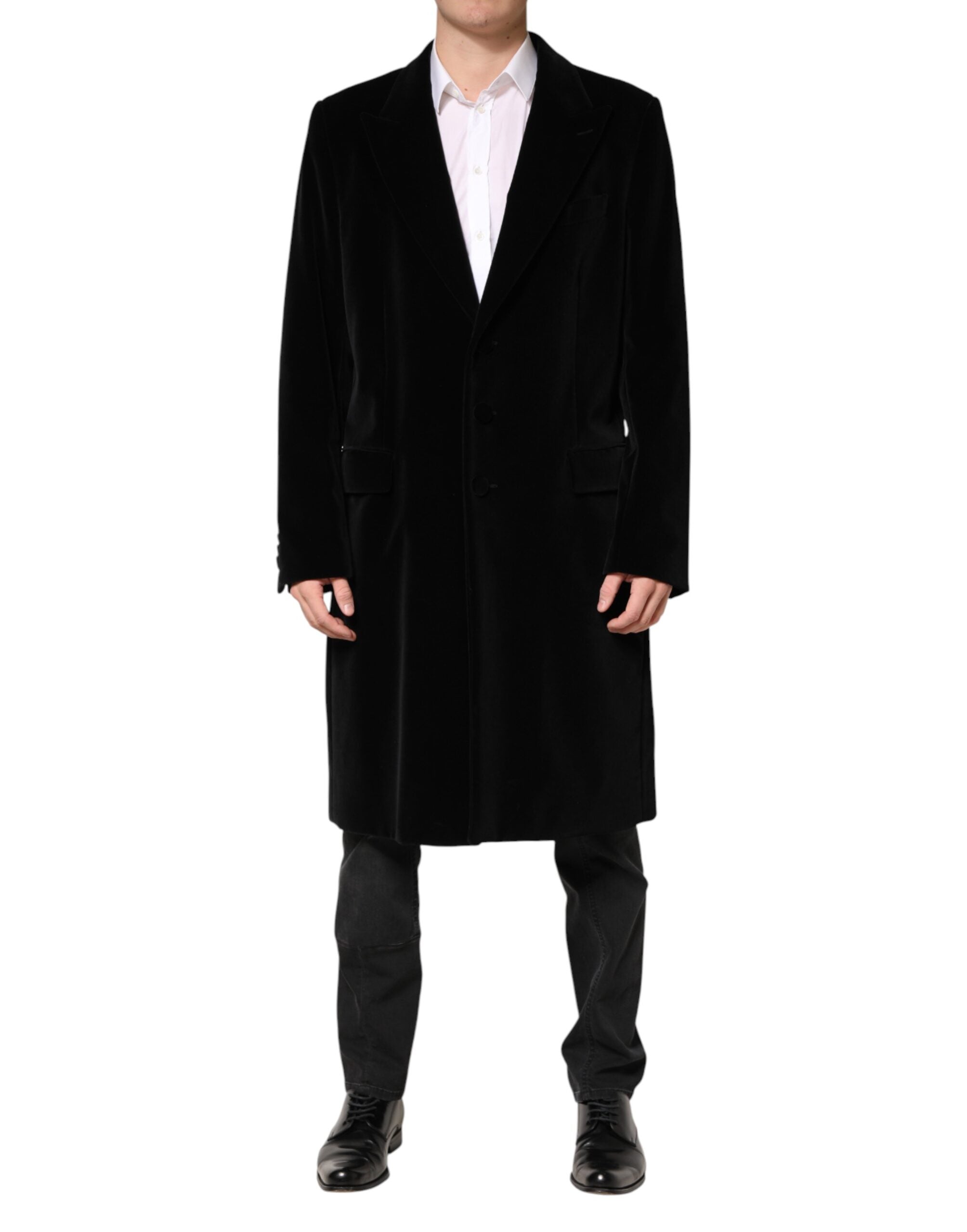 Cotton Velvet Long Coat — Black