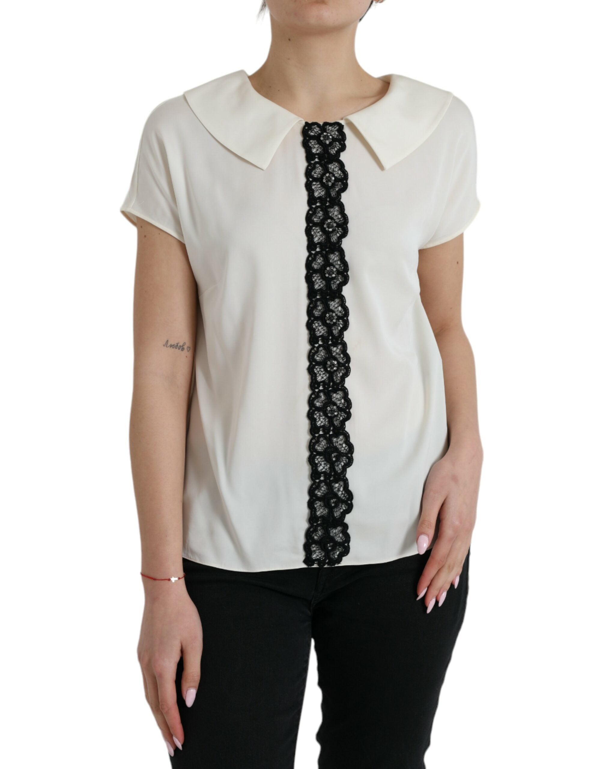 Lace-Trimmed Silk Blouse — White