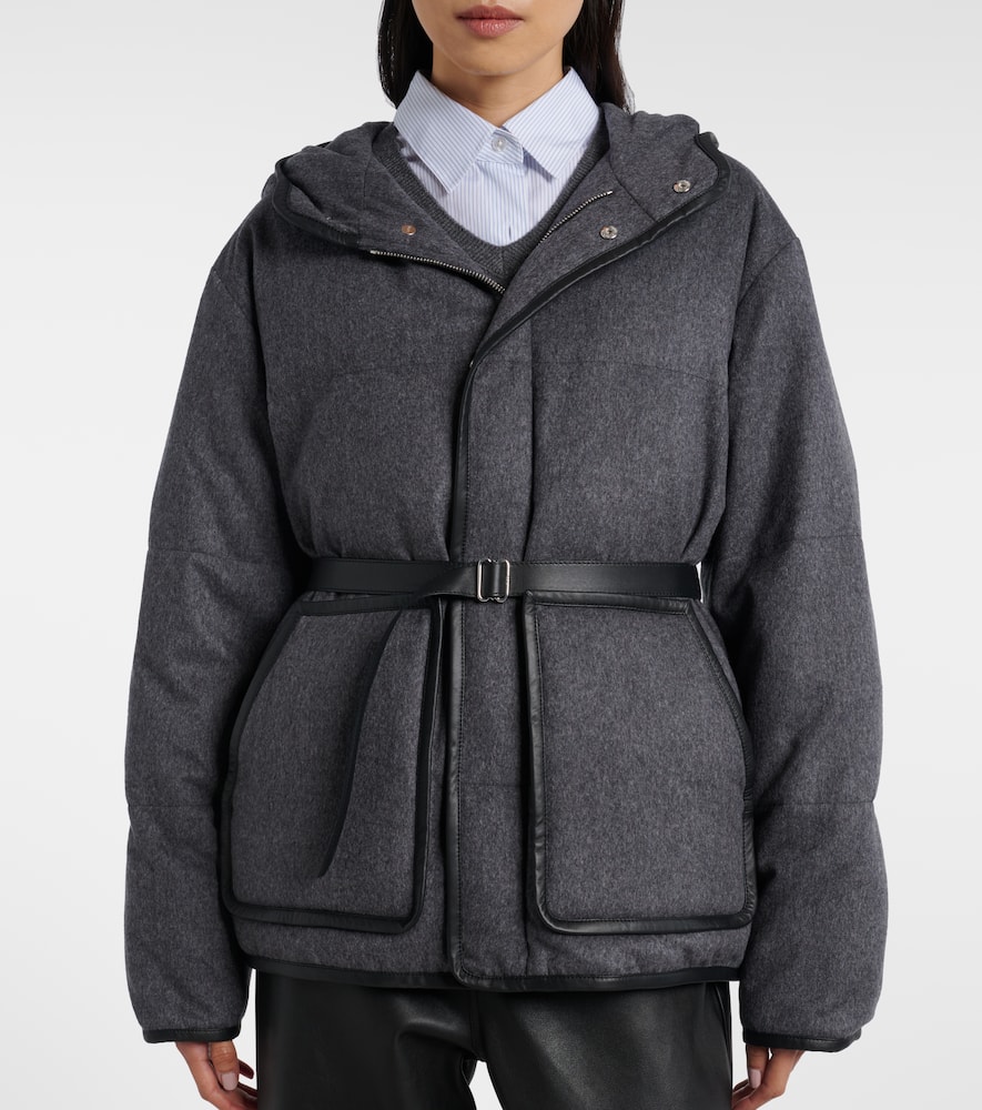Belted hooded padded cashmere jacket