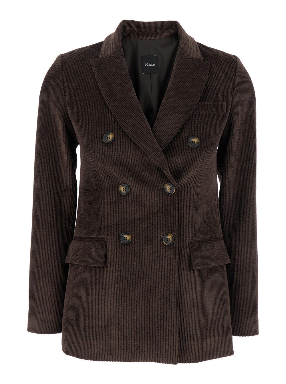 Double-Breasted Ribbed Velvet Blazer — Brown