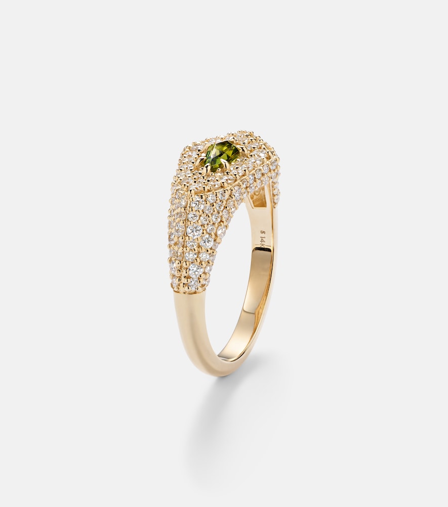 Shield 14kt gold ring with diamonds and tourmaline