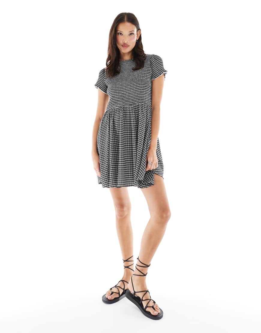 Mini smock dress in black plaid-Multi