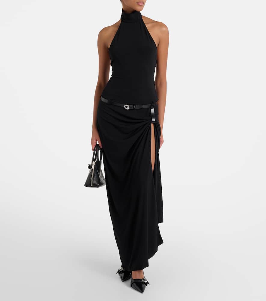 Belted asymmetric draped halterneck maxi dress