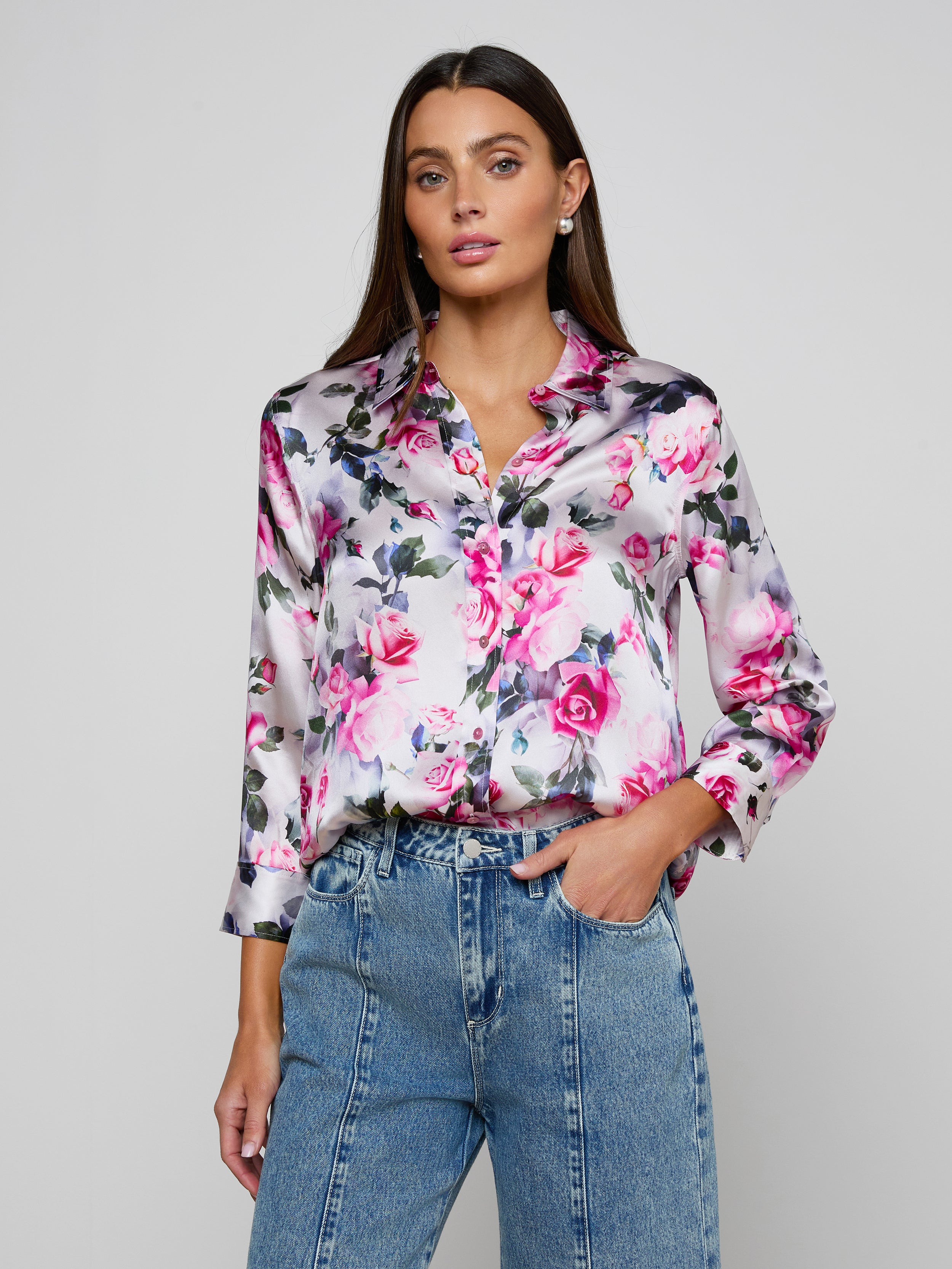 Dani Silk Blouse Top In Pink Multi Water Rose
