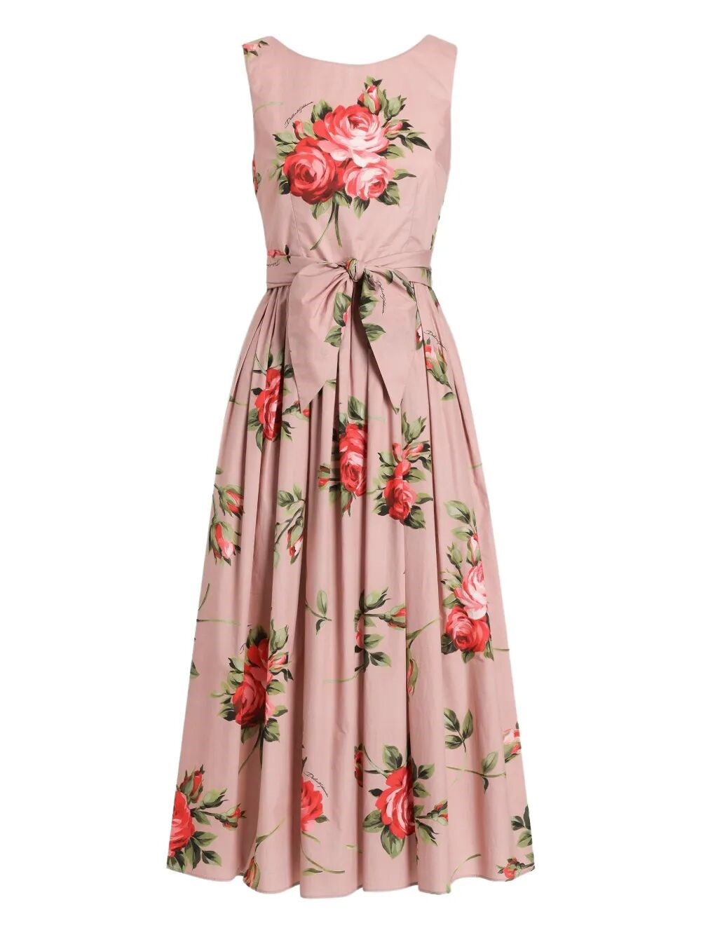 Rose Bouquet-Print Cotton Pleated Dress