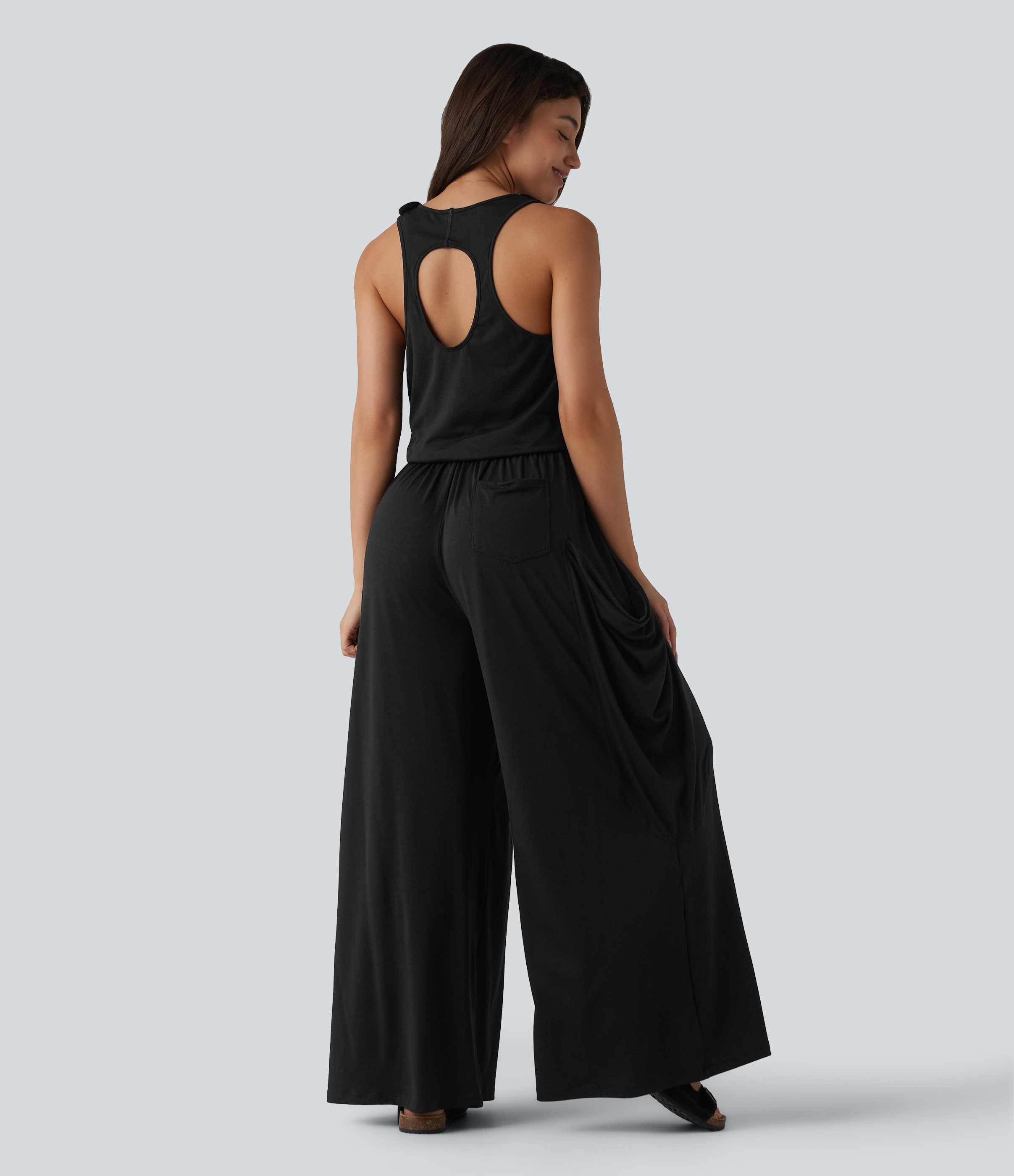 Sleeveless Cut Out Wide Leg Casual Jumpsuit with Pockets-Easy Peezy Edition  - Black
