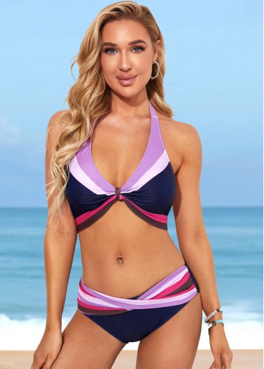 Modlily Navy Blue Color Block Tie Back Bikini Set