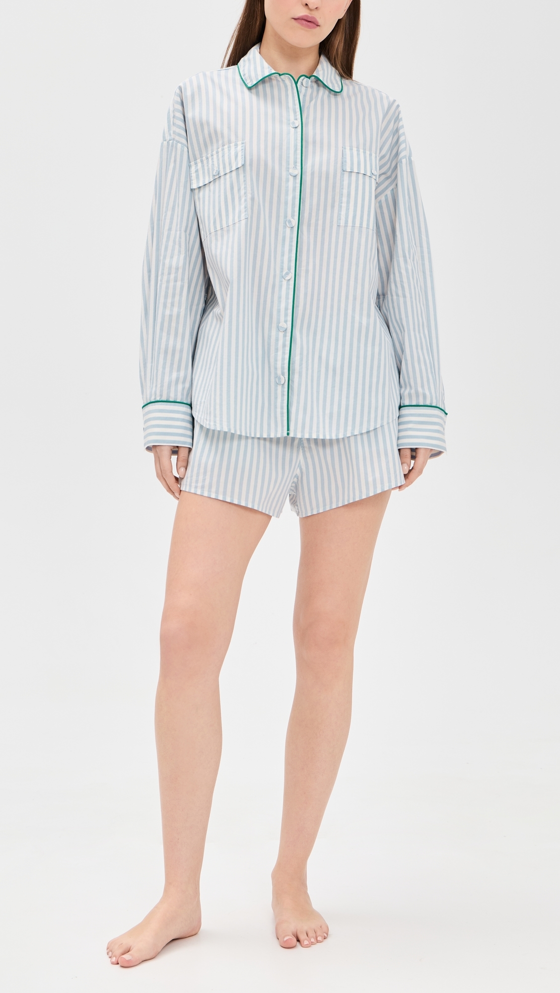 Airy Cotton Piped Button Down Pajama Top Stillwater Stripe/Spring