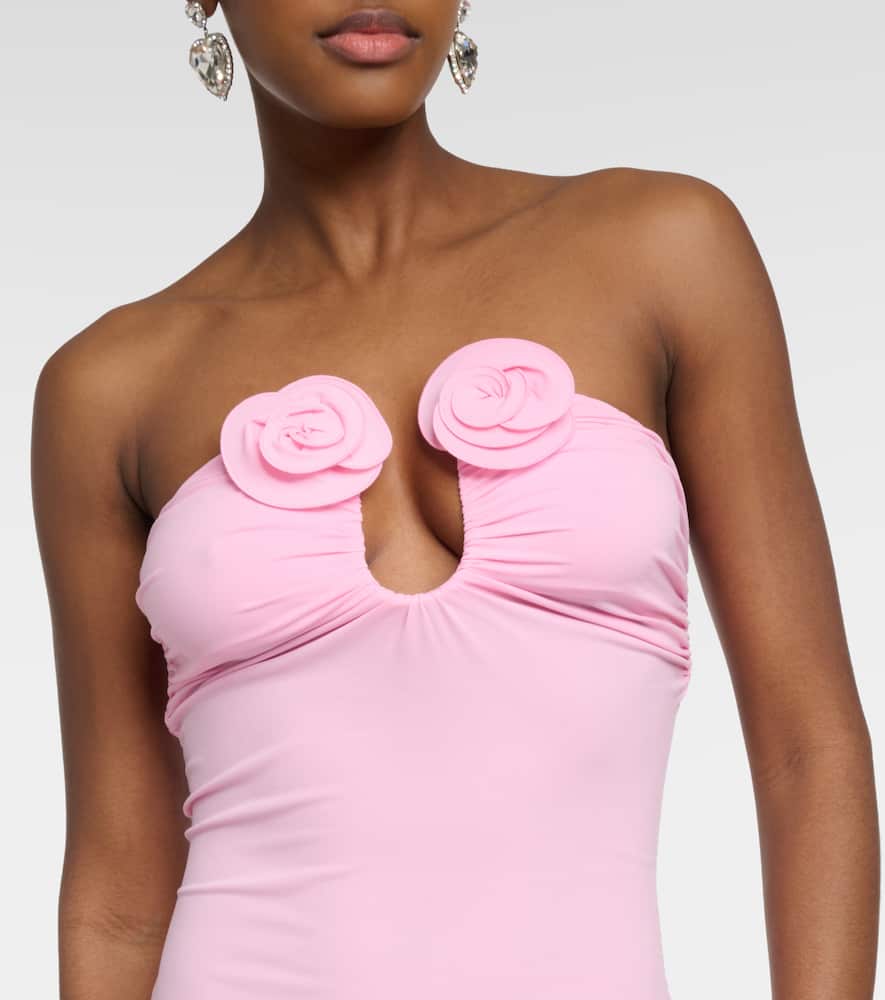 Floral-appliqué strapless maxi dress