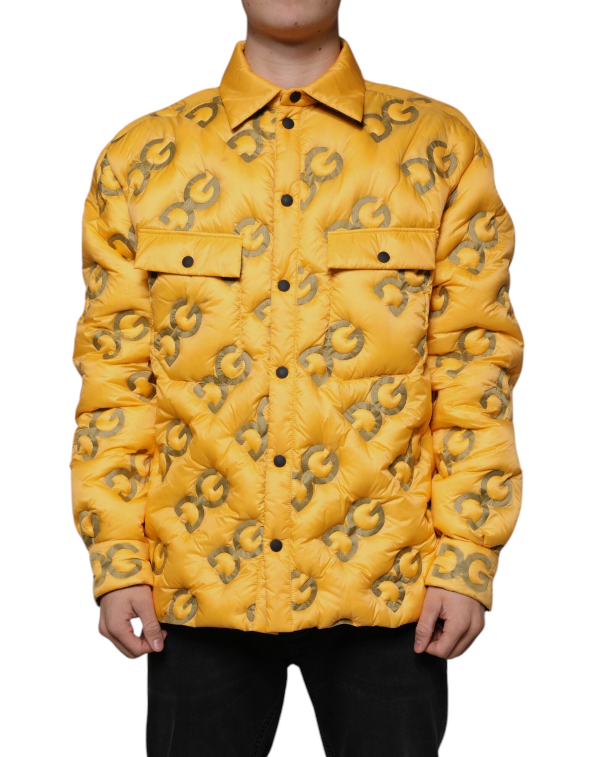 Logo-Patterned Padded Down Jacket — Yellow