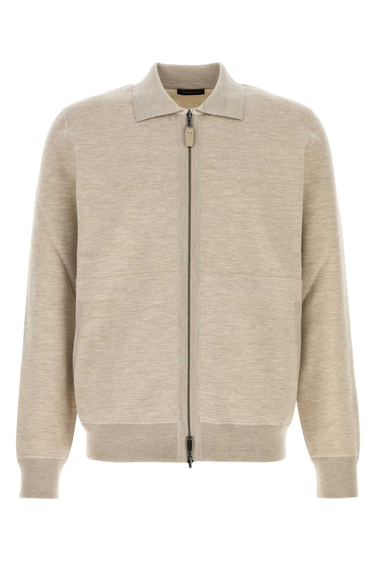 Full-Zip Wool-Blend Cardigan — Beige