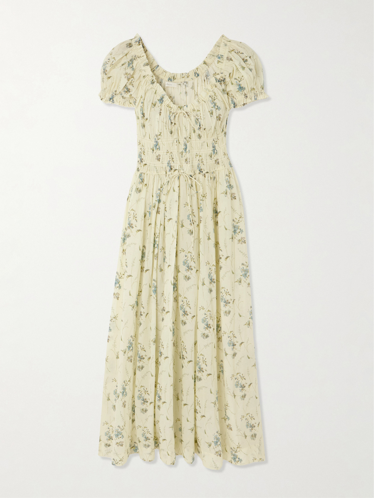 Ashlynn Tie-detailed Shirred Floral-print Organic Cotton-voile Midi Dress - Yellow
