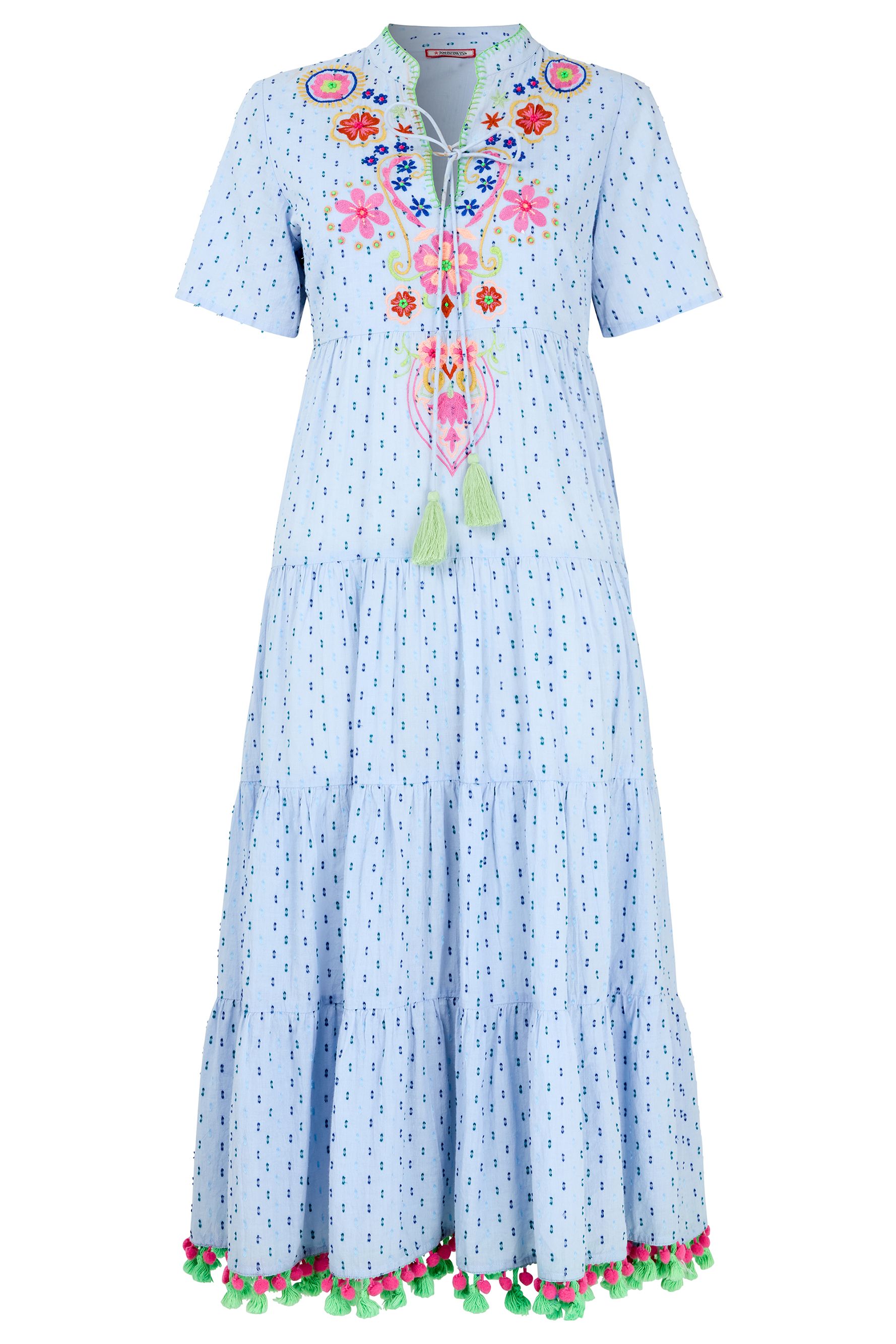 Joe Browns Embroidered Midi Dress With Tie Neckline And Tassel Trim In Blue