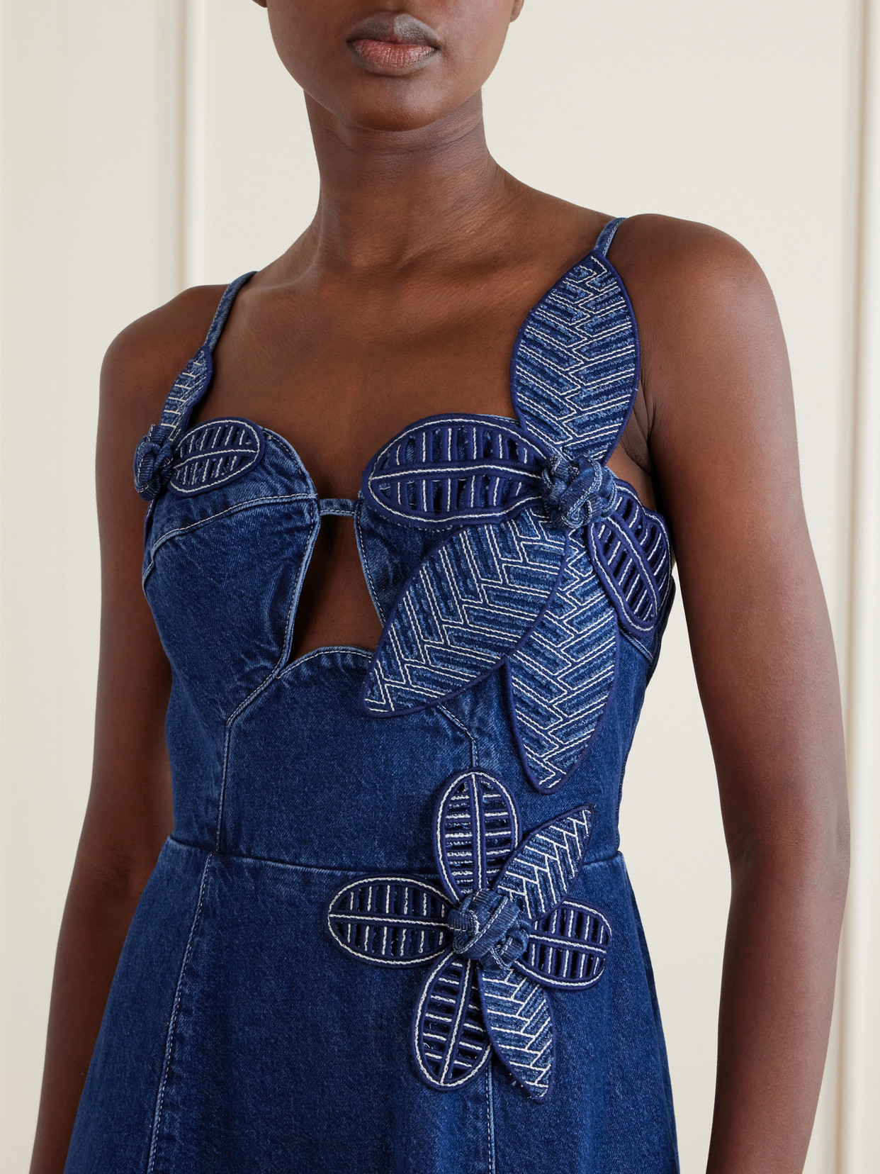 Floral-appliquéd Denim Midi Dress - Blue